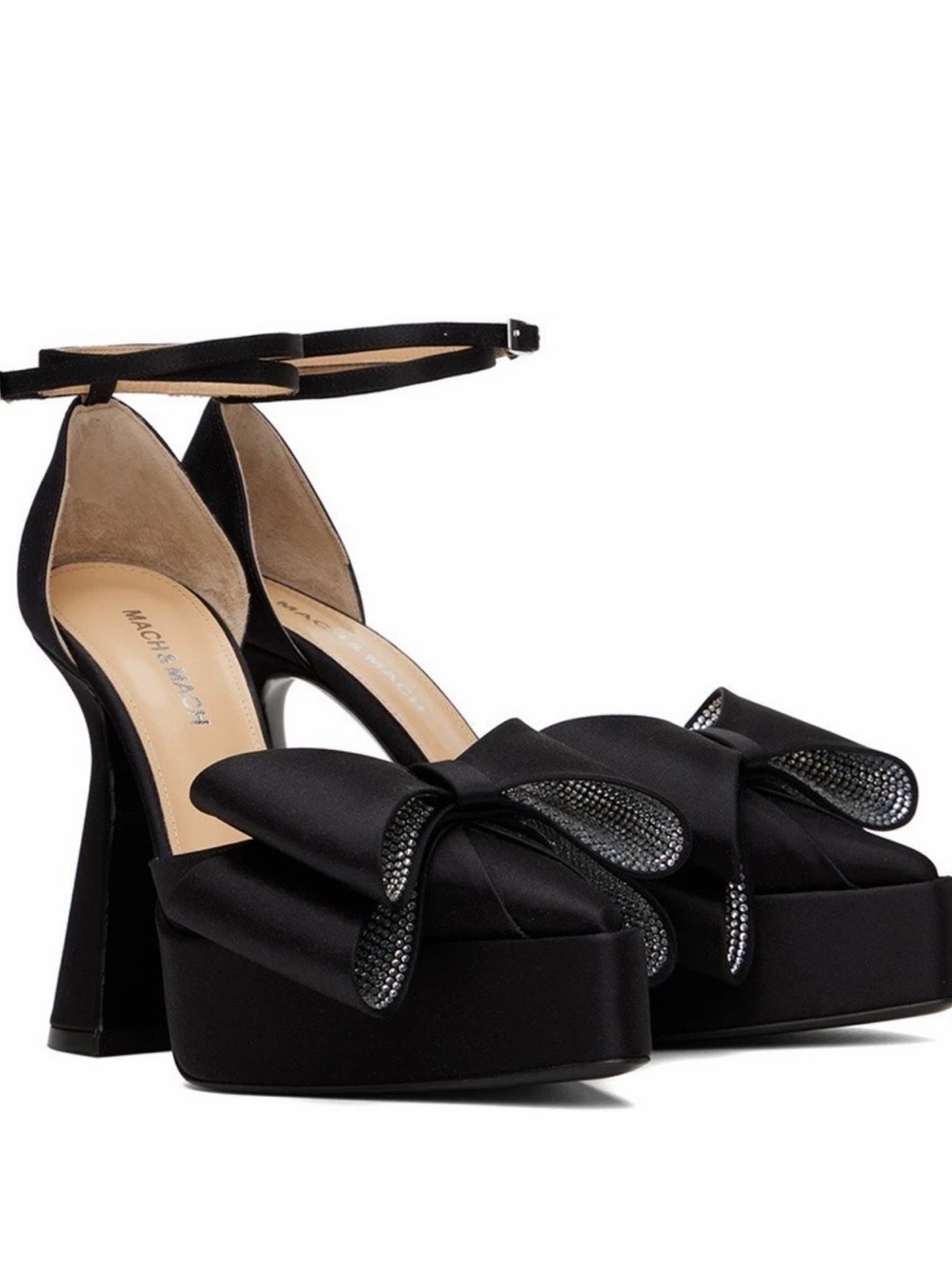 Mach & Mach Black Satin Platform Ankle-Strap Sandals with rhinestone Bow